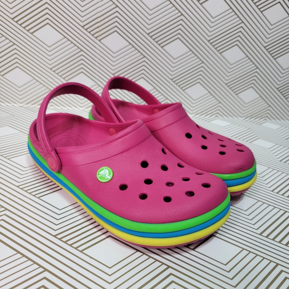 Crocs Ciabatta Paradise Pink Rainbow Band Retired Size 7 Slip On Pride Unisex.
